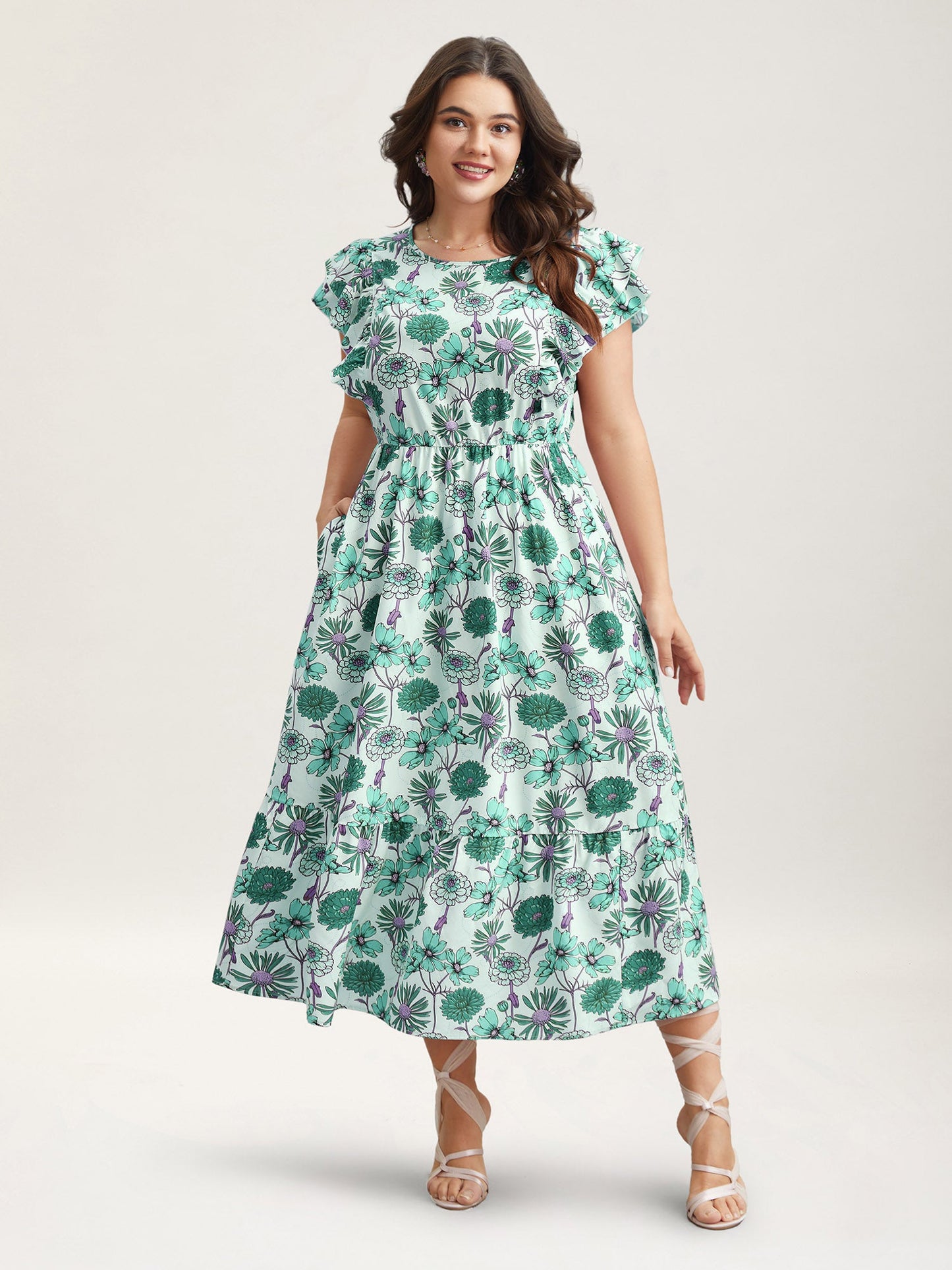 Ruffled Floral Print Stretchy-Waist Midi Dress