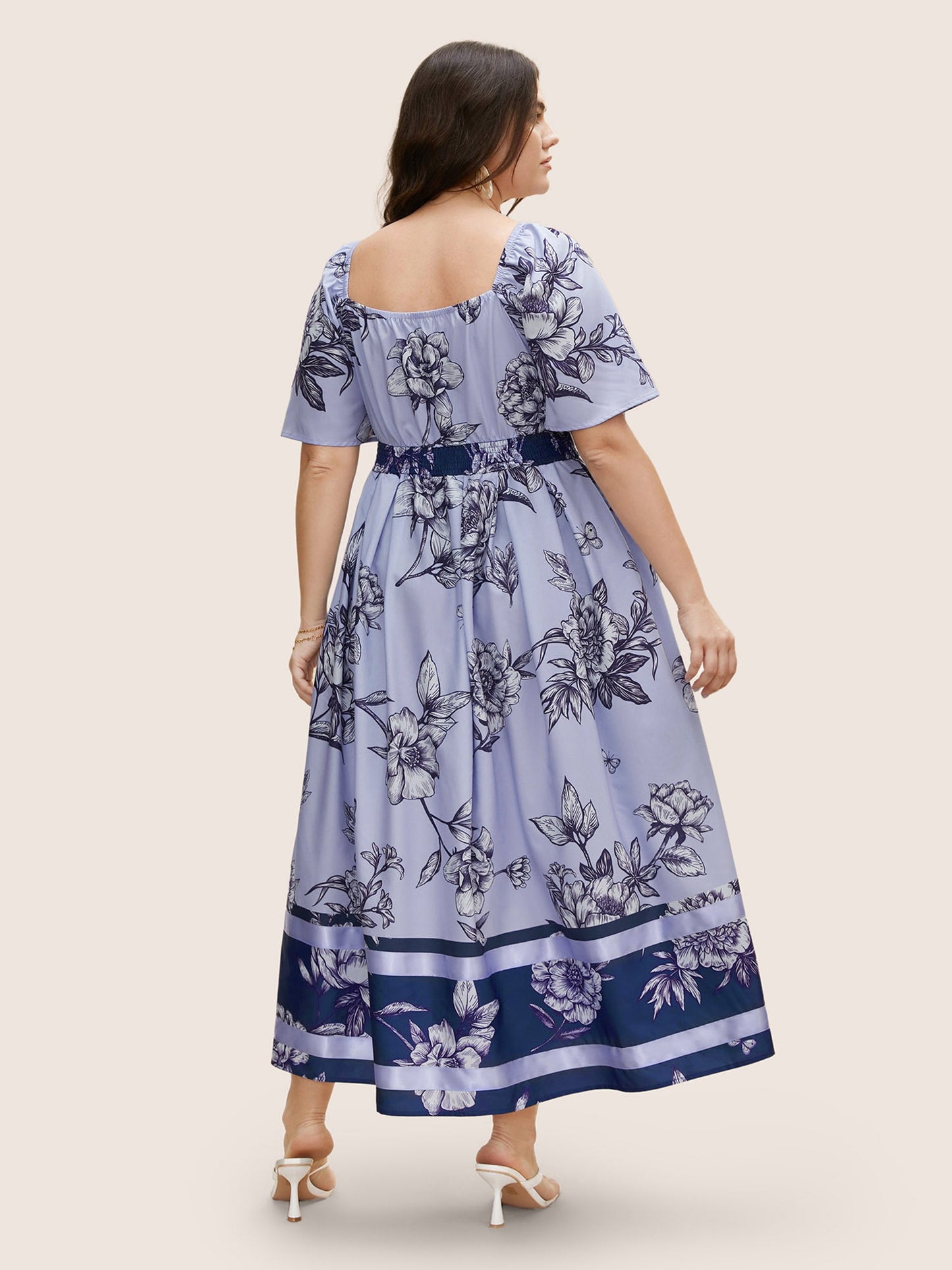 Boho Print Heart Neckline Ruffle Sleeve Maxi Dress