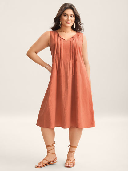 Cotton Toothpick Pleat Plain Midi Dress