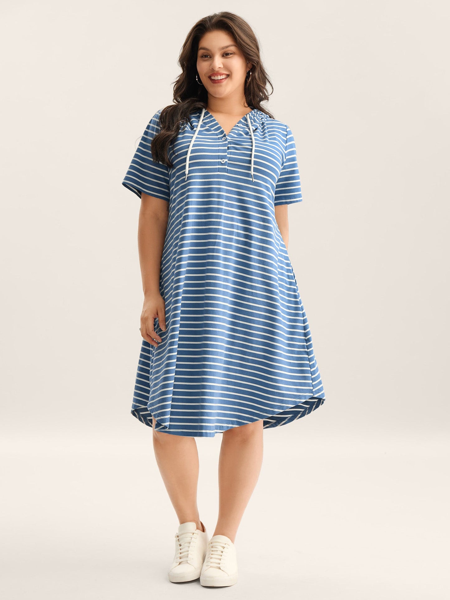 Stripe Print Curvy Hem Hooded Midi Dress