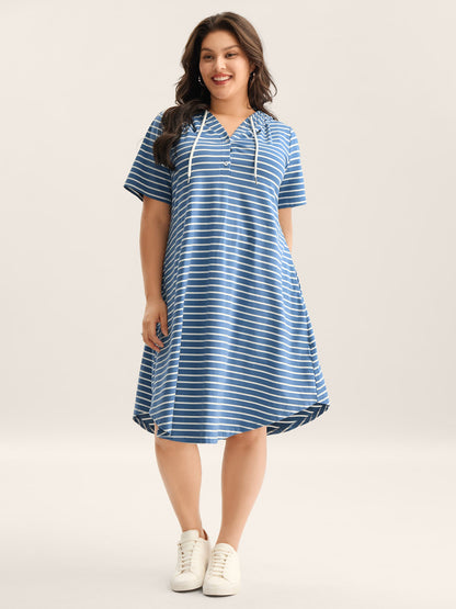 Stripe Print Curvy Hem Hooded Midi Dress