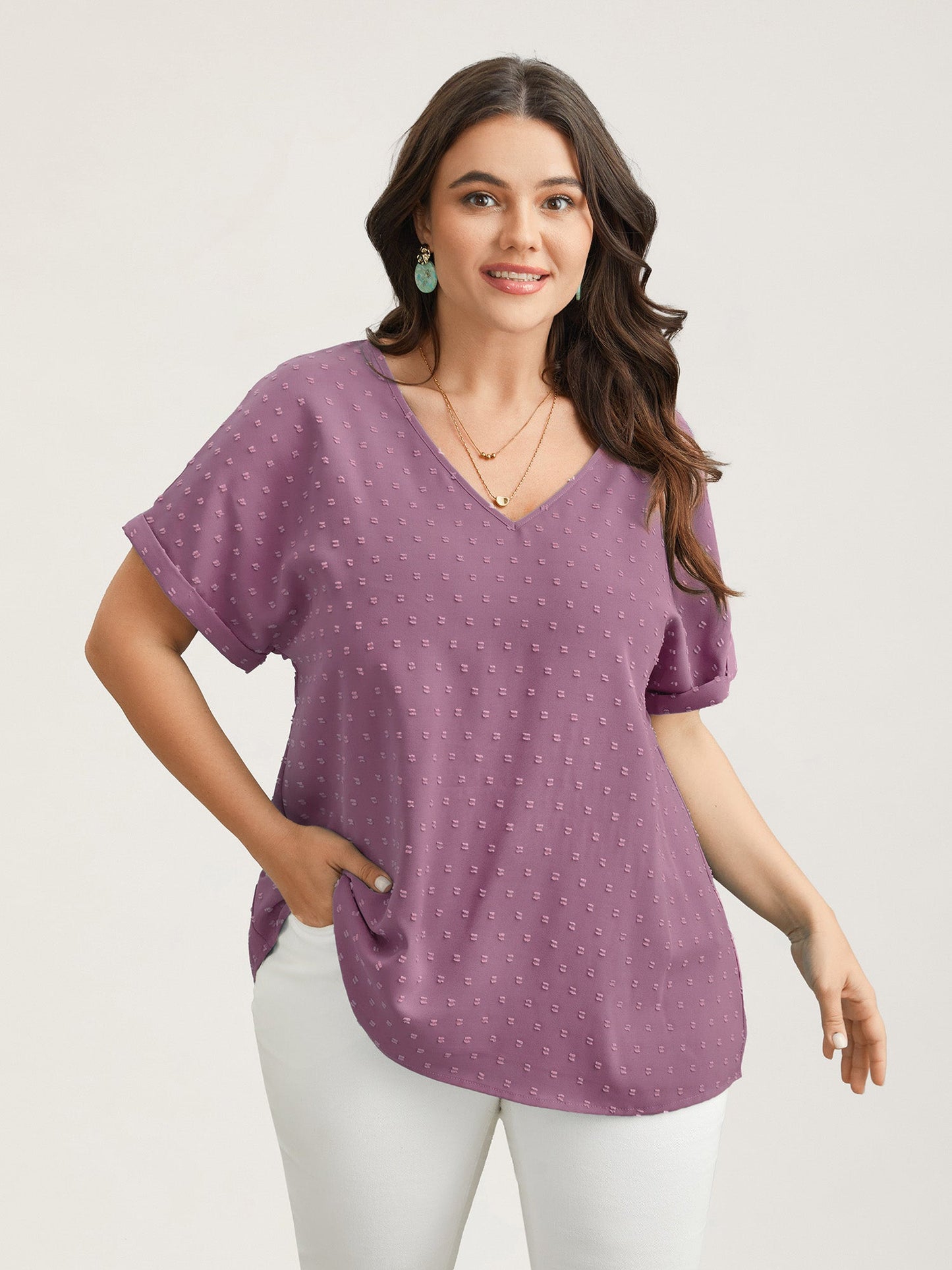 Back-Button Textured V-Neck Shirt