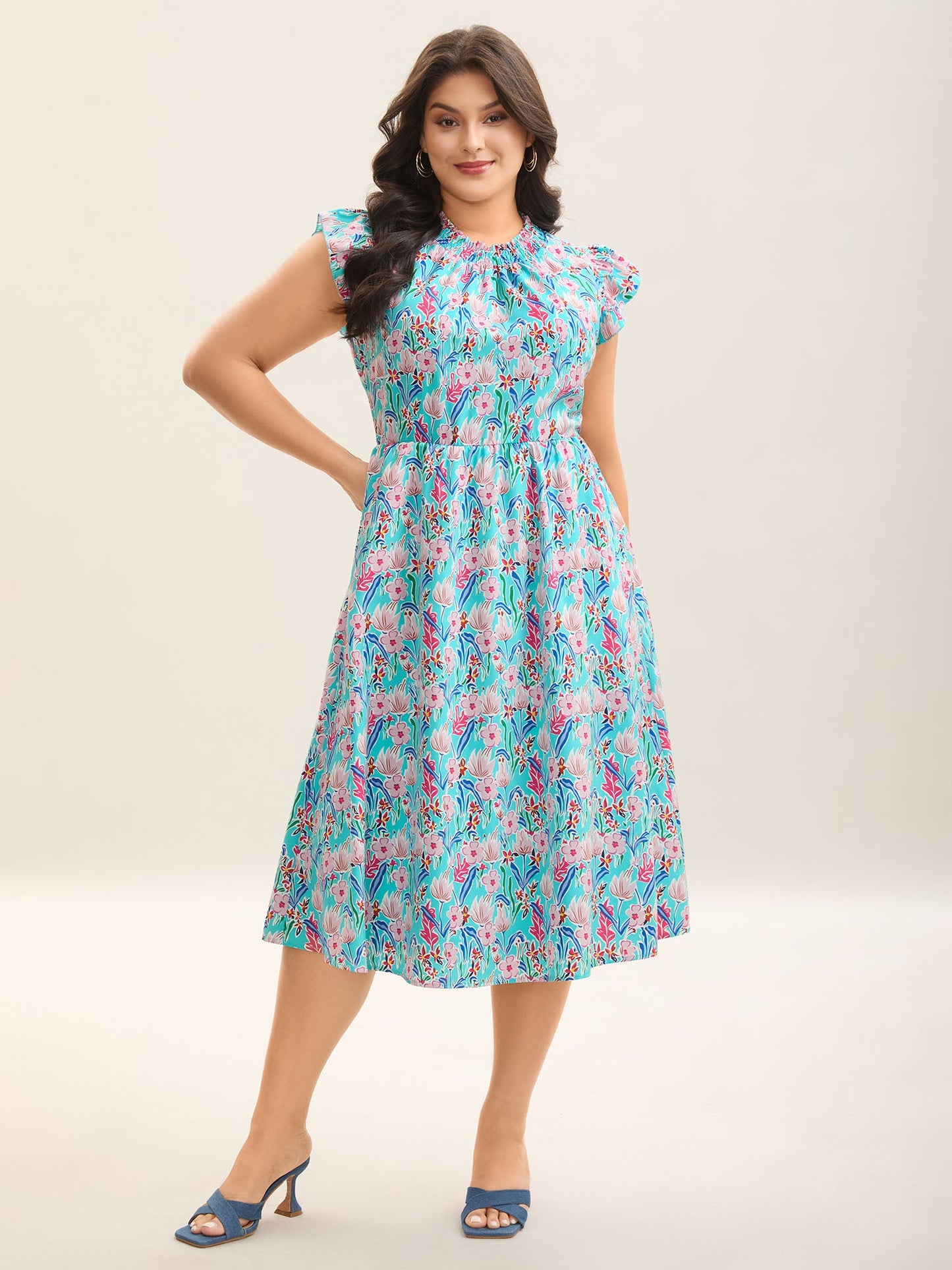 Floral Print Shirred Pockets Midi Dress