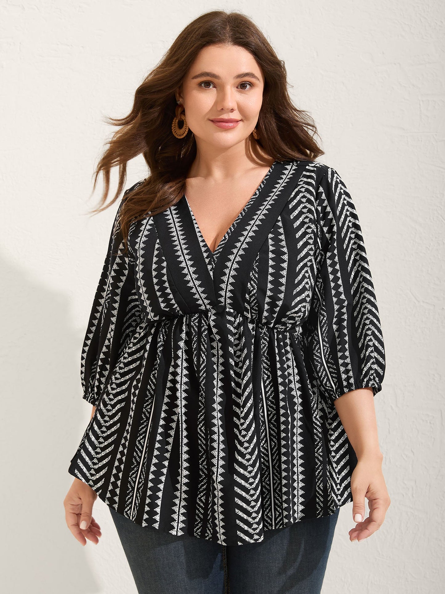 Bandana Geometric Lantern Sleeve Gathered Blouse