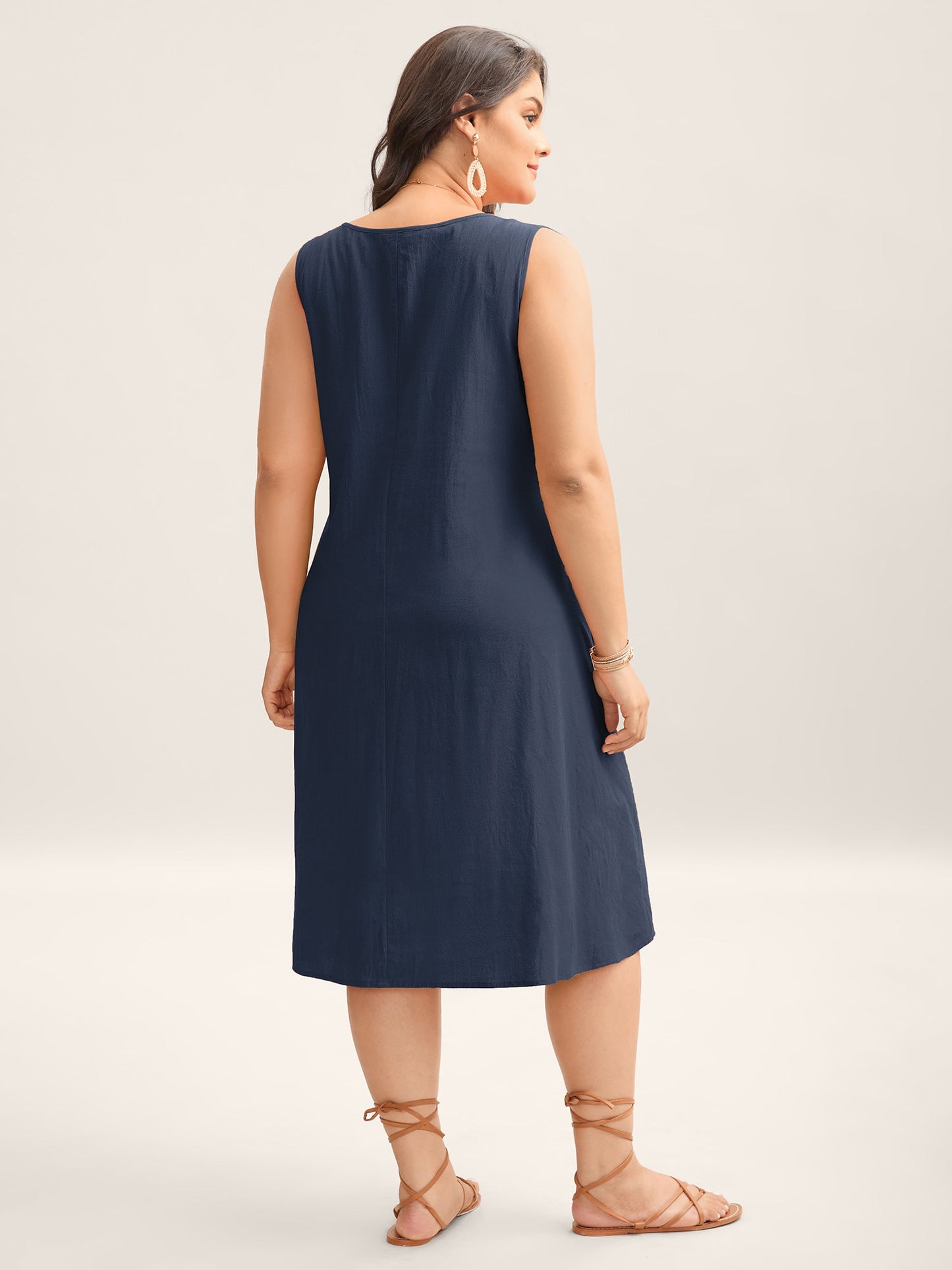 Cotton Toothpick Pleat Plain Midi Dress