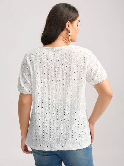 Eyelet Trim Floral Embroidered Solid T-Shirt