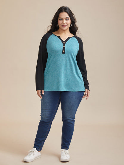 Heather Patchwork Button Detail Stretchy T-Shirt
