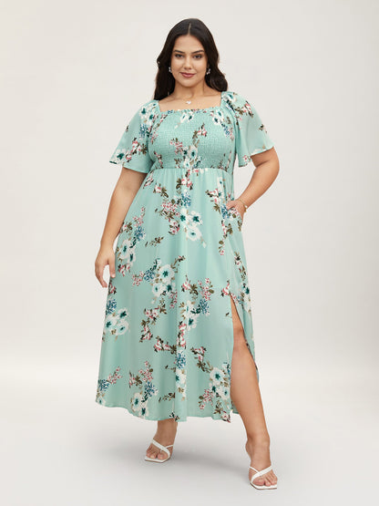 Floral Square Neck Ruffles Pocket Shirred Split Dress