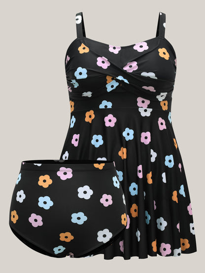 Twist Front Floral Print Flared Swim Dress