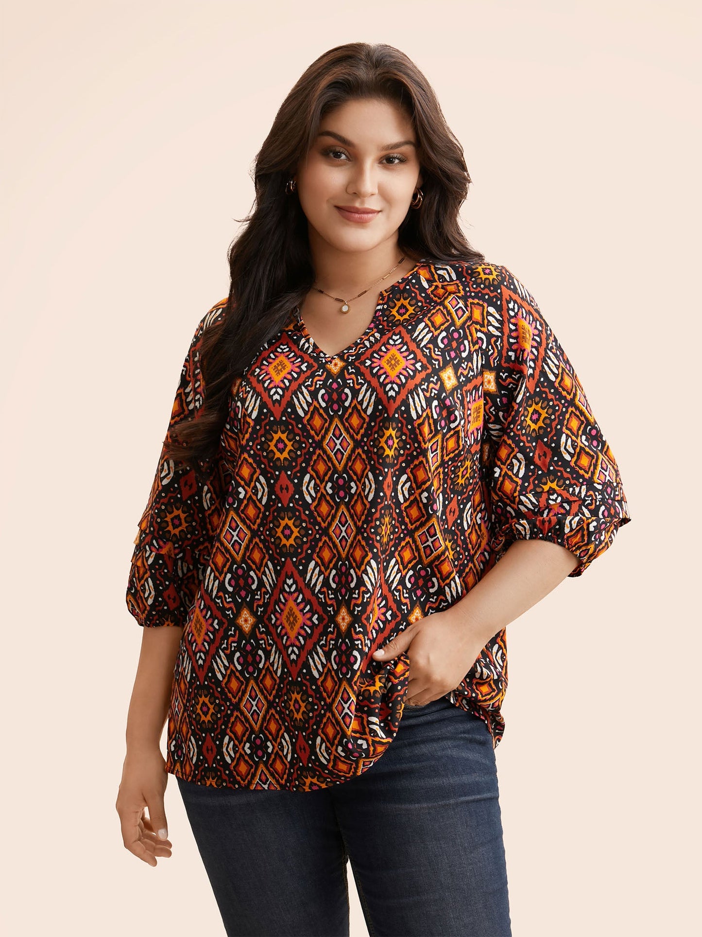 Bandana Geometric Pleated Lantern Sleeve Blouse