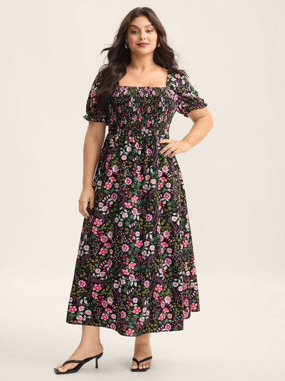 Shirred Floral Print Pockets Maxi Dress