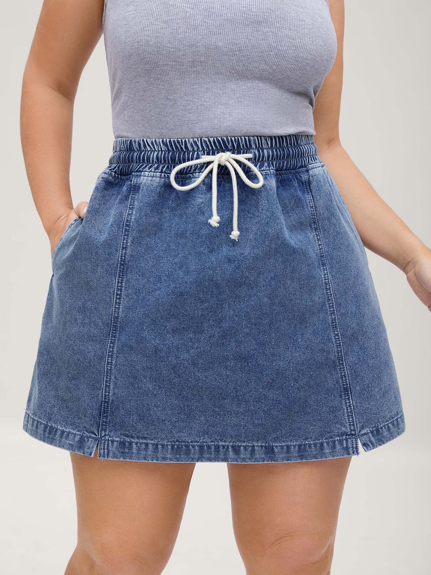Pull-On Drawstring Denim Skort