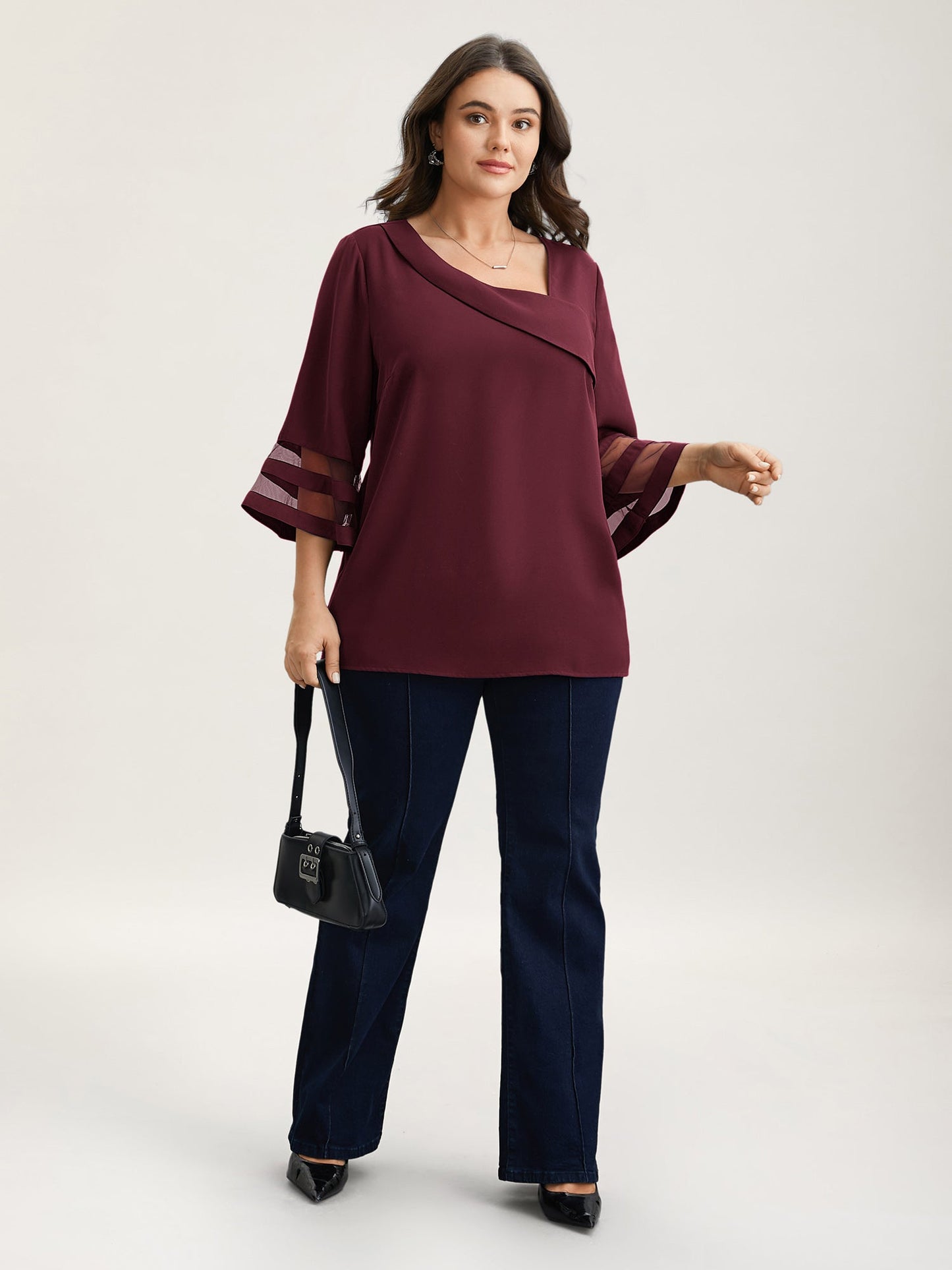 Sheer Sleeve Patchwork Asymmetrical Neckline Blouse
