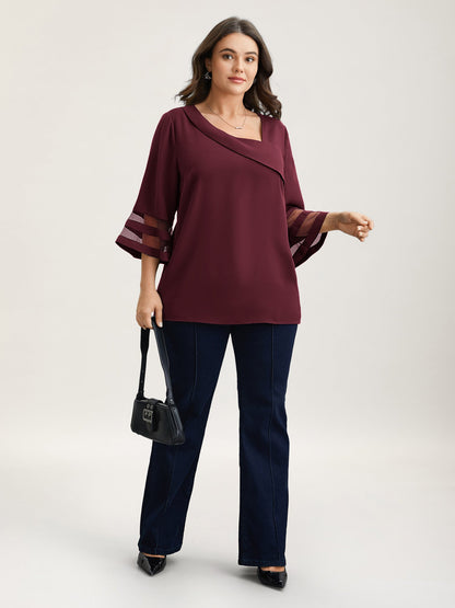 Sheer Sleeve Patchwork Asymmetrical Neckline Blouse