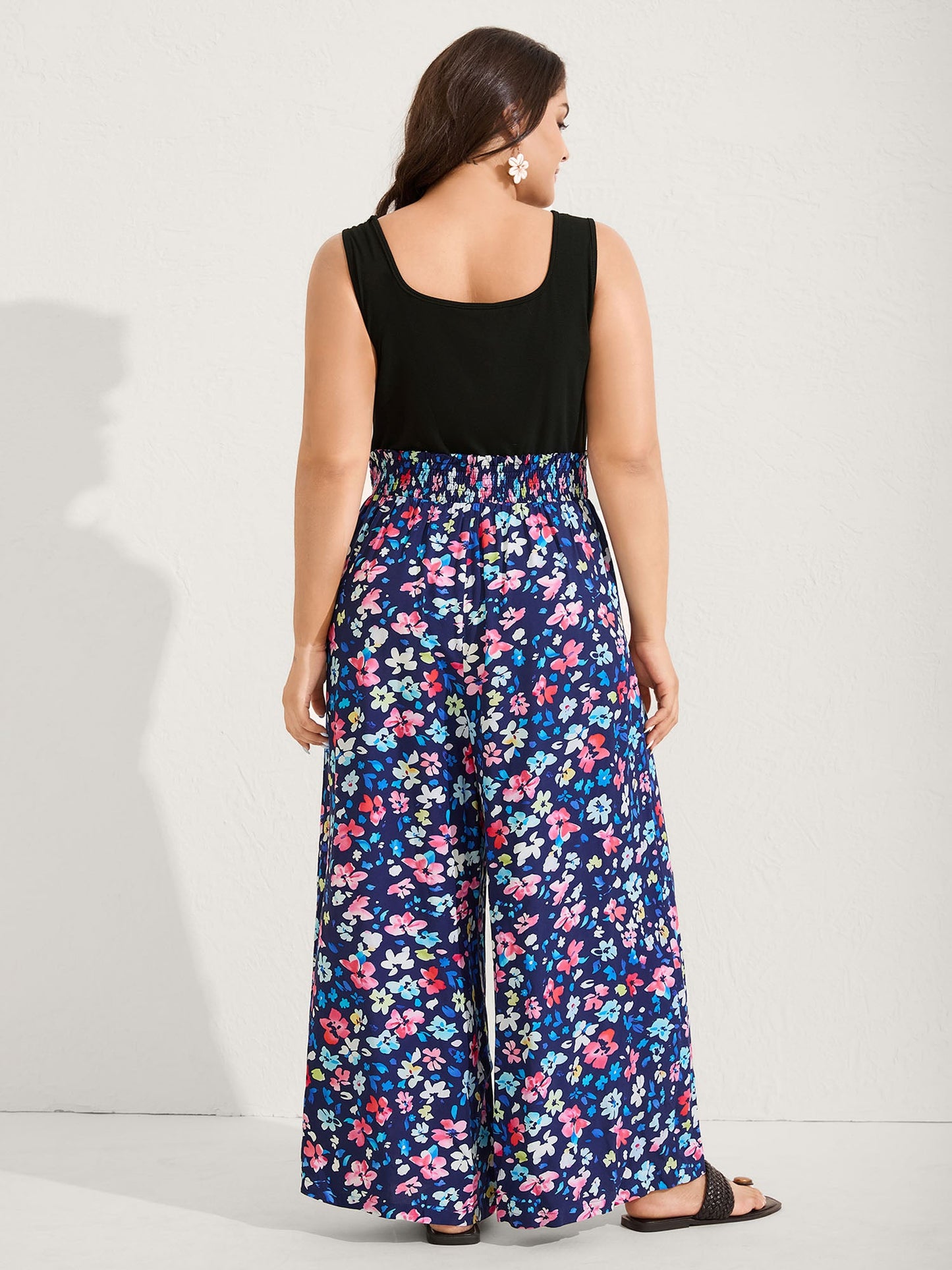 Floral Color Contrast Shirred Jumpsuit