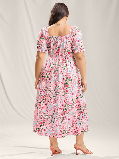 Shirred Floral Print Pockets Maxi Dress