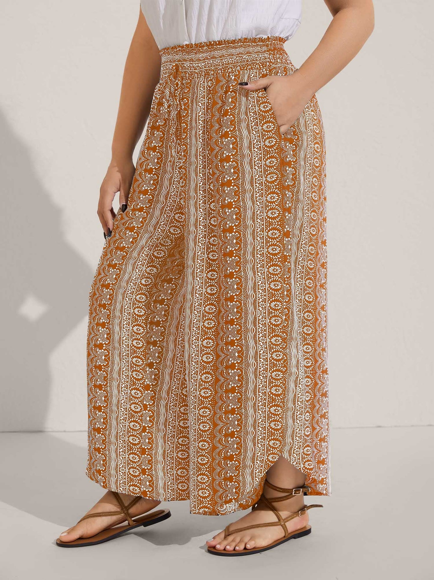 Boho Print Shirred Waist Wide-Leg Pants