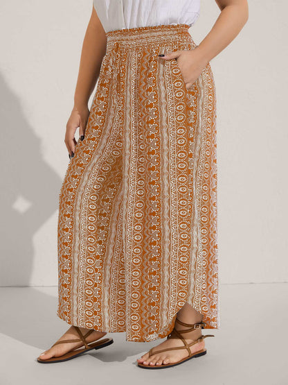 Boho Print Shirred Waist Wide-Leg Pants