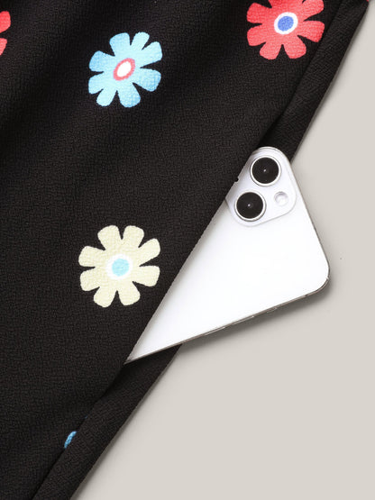 Stretchy-Waist Floral Print Pockets Midi Dress