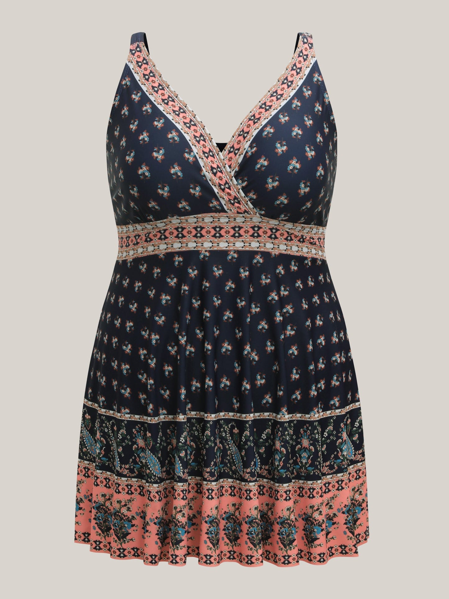 Boho Print Surplice Neck Contrast Swim Dress