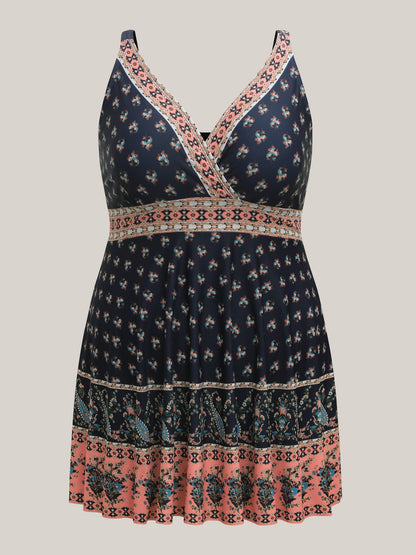 Boho Print Surplice Neck Contrast Swim Dress