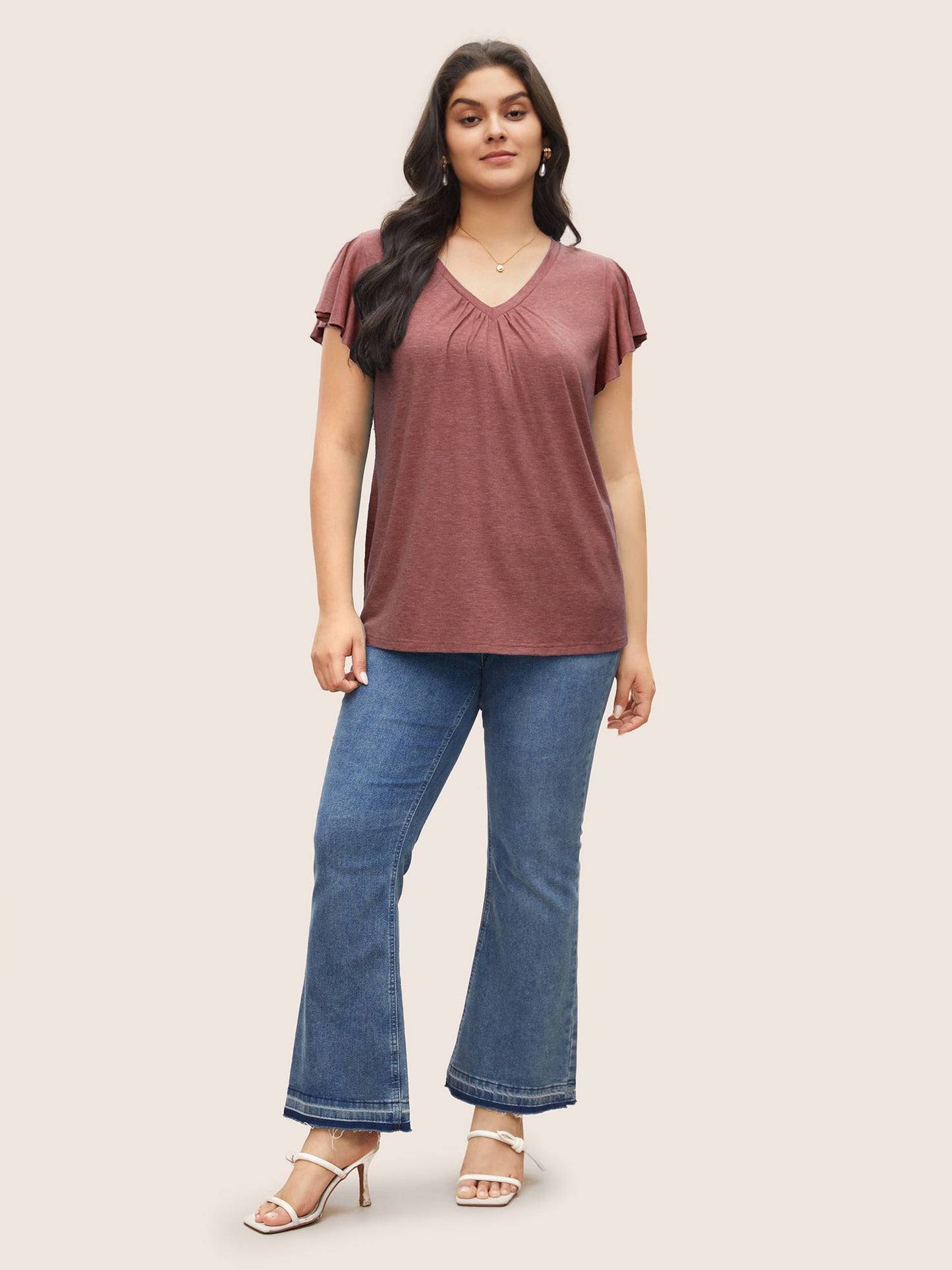 Solid Heather Gathered Ruffle Sleeve T-shirt