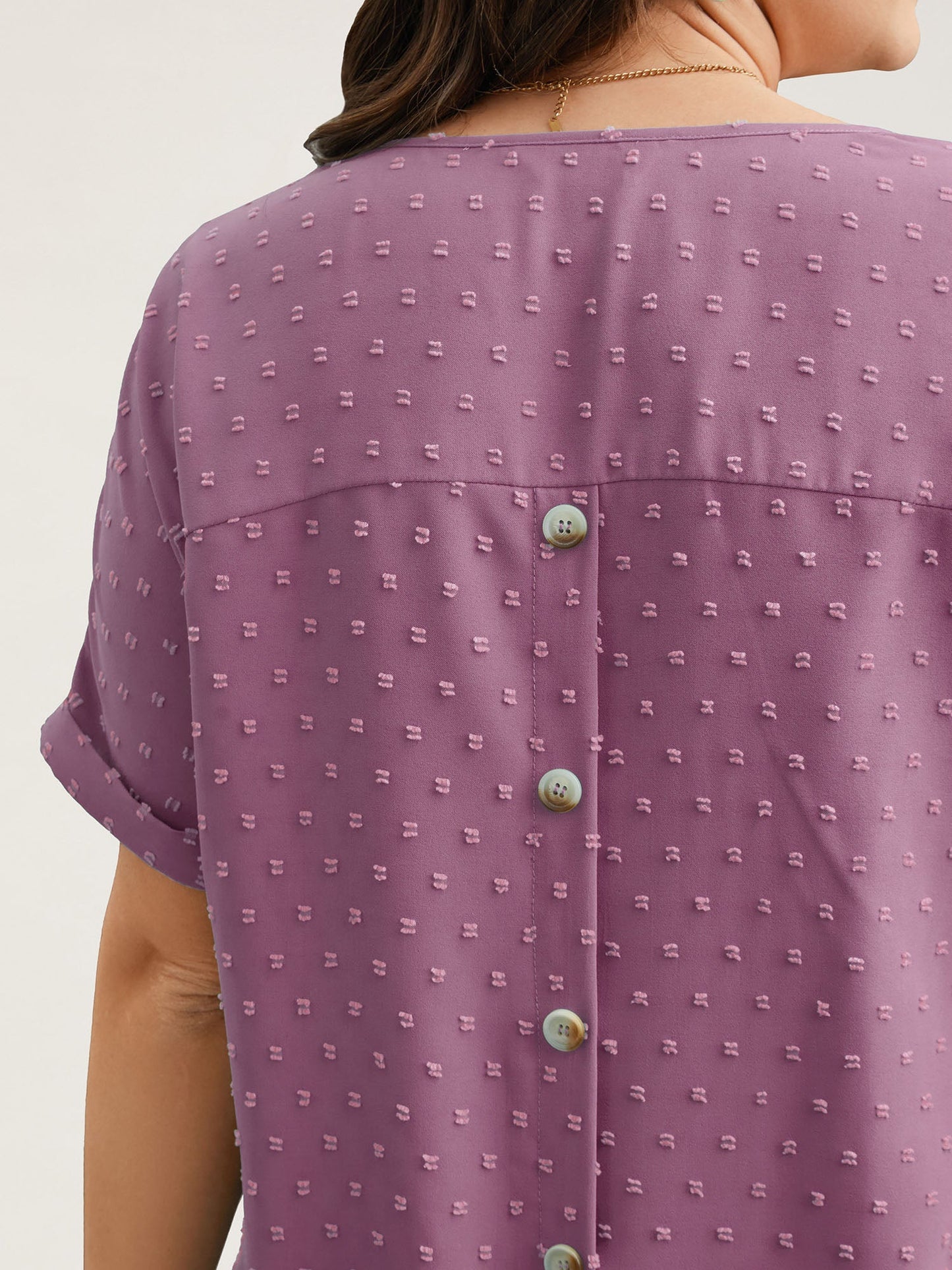 Back-Button Textured V-Neck Shirt