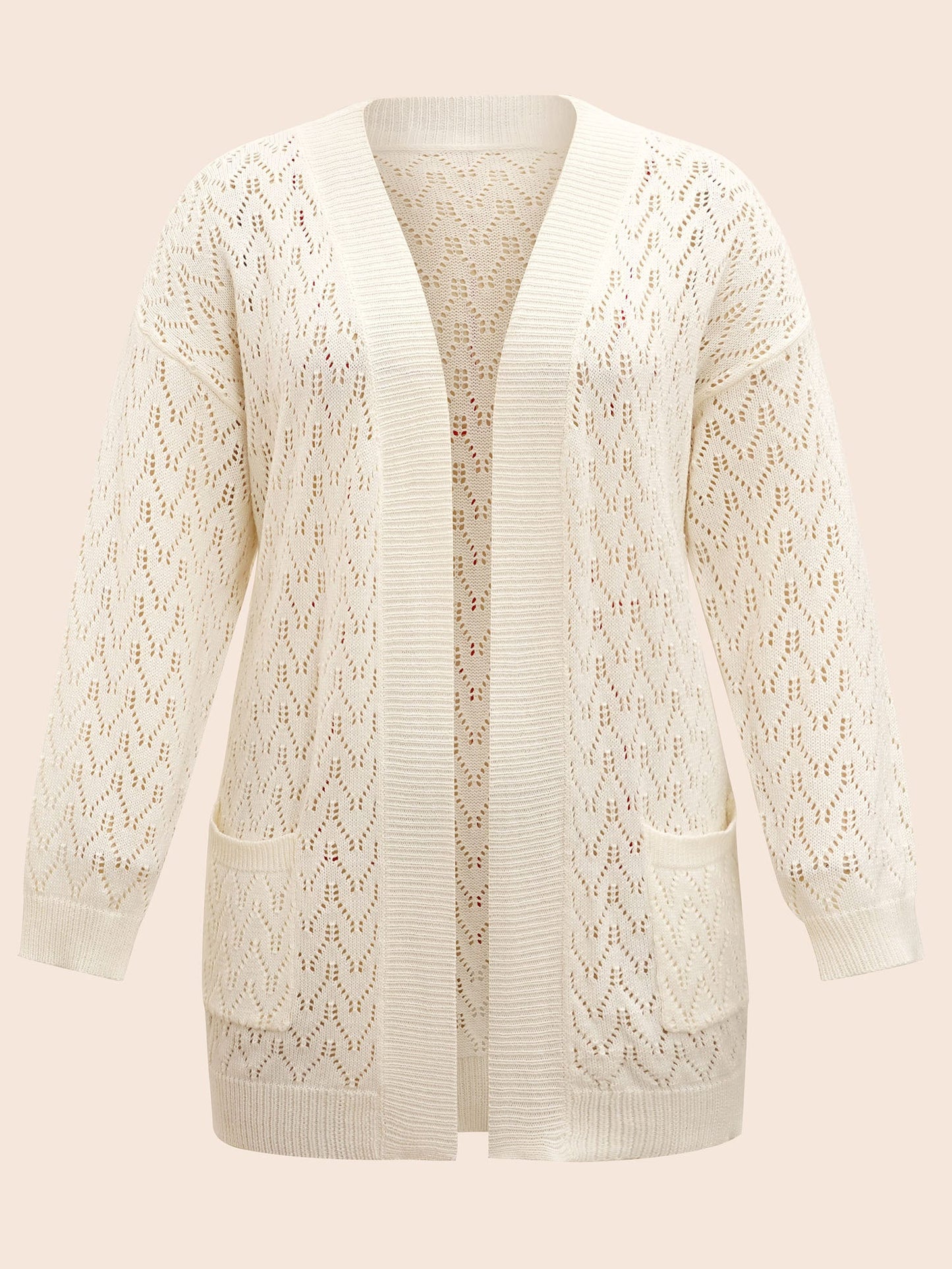Kimono Collar Patch Pocket Pointelle Knit Cardigan