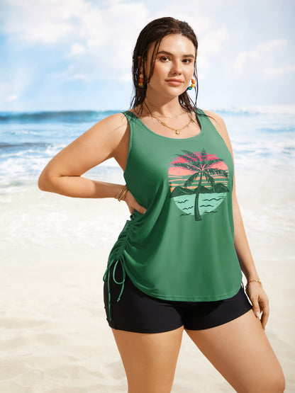 Island Print Drawstring Adjustable Swim Top