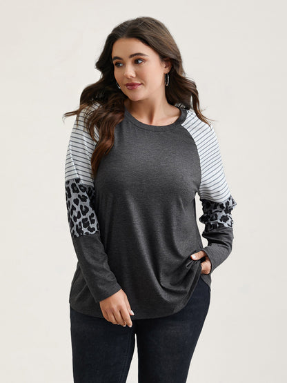 Mixed Leopard Print Raglan Sleeve T-Shirt