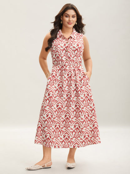 Spring Abstract Print Shirt Collar Midi Dress