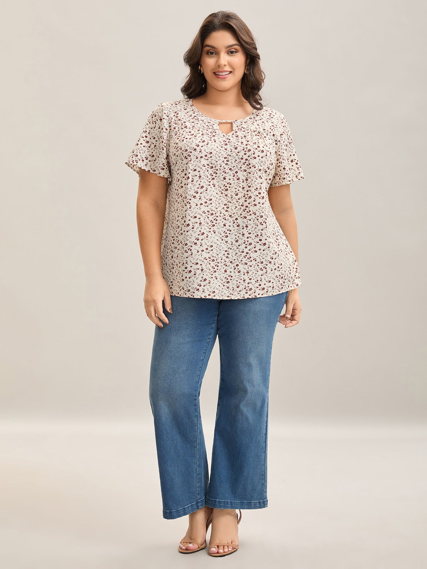 Ditsy Floral Print Lotus Leaf Sleeve Shirt