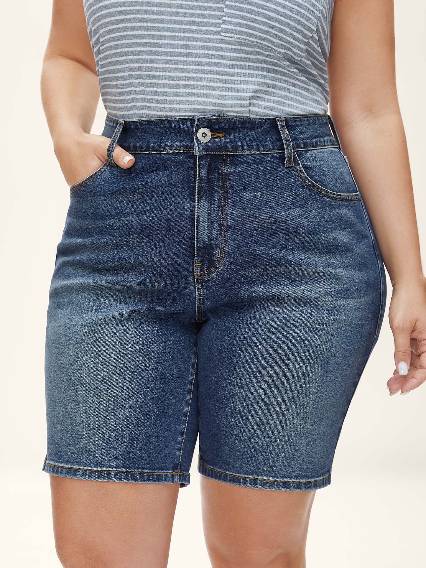 Stretch Straight-Leg Faded Denim Shorts