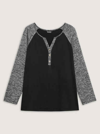 Heather Patchwork Button Detail Stretchy T-Shirt