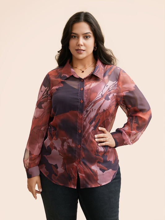 Watercolor Floral Mesh Shirt Collar Blouse