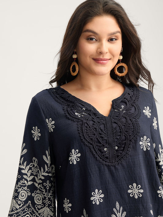 Boho Print Lace Neck Blouse