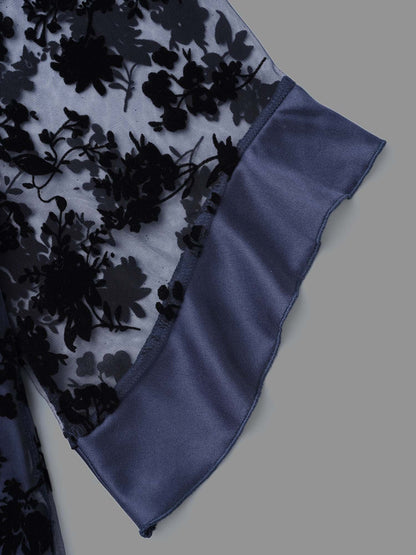Floral Flocking Mesh Asymmetrical Hem Blouse