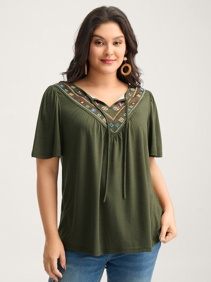 Geometric Embroidery Neck-Tie Top