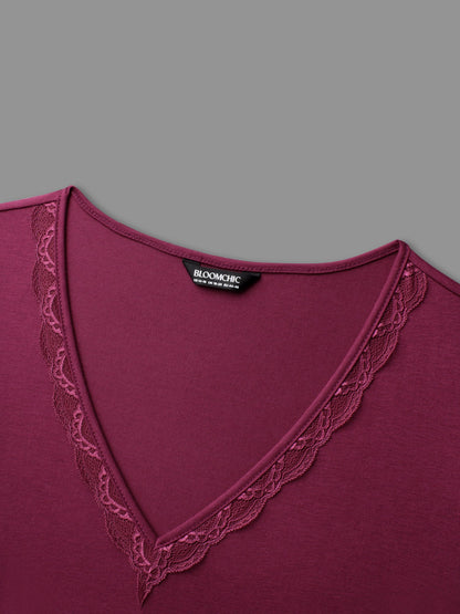 V Neck Lace Trim Sleep Ruffle Sleeve Dress