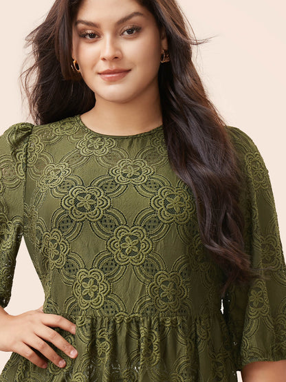 Crew Neck Crochet Lace Lantern Sleeve Blouse
