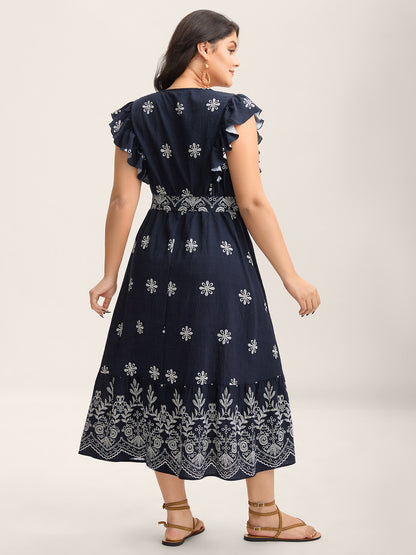 Rayon Stretchy Waist Pockets Flutter Midi Dress