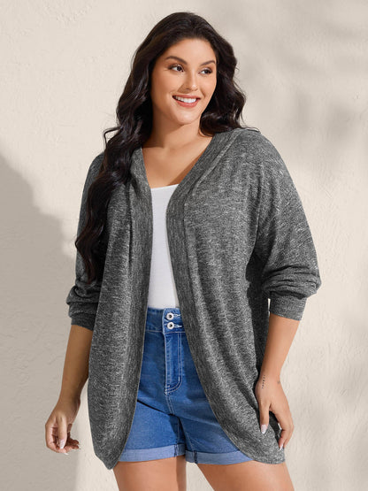Hooded Heather Curvy Hem Lightweight Knit Cardigan