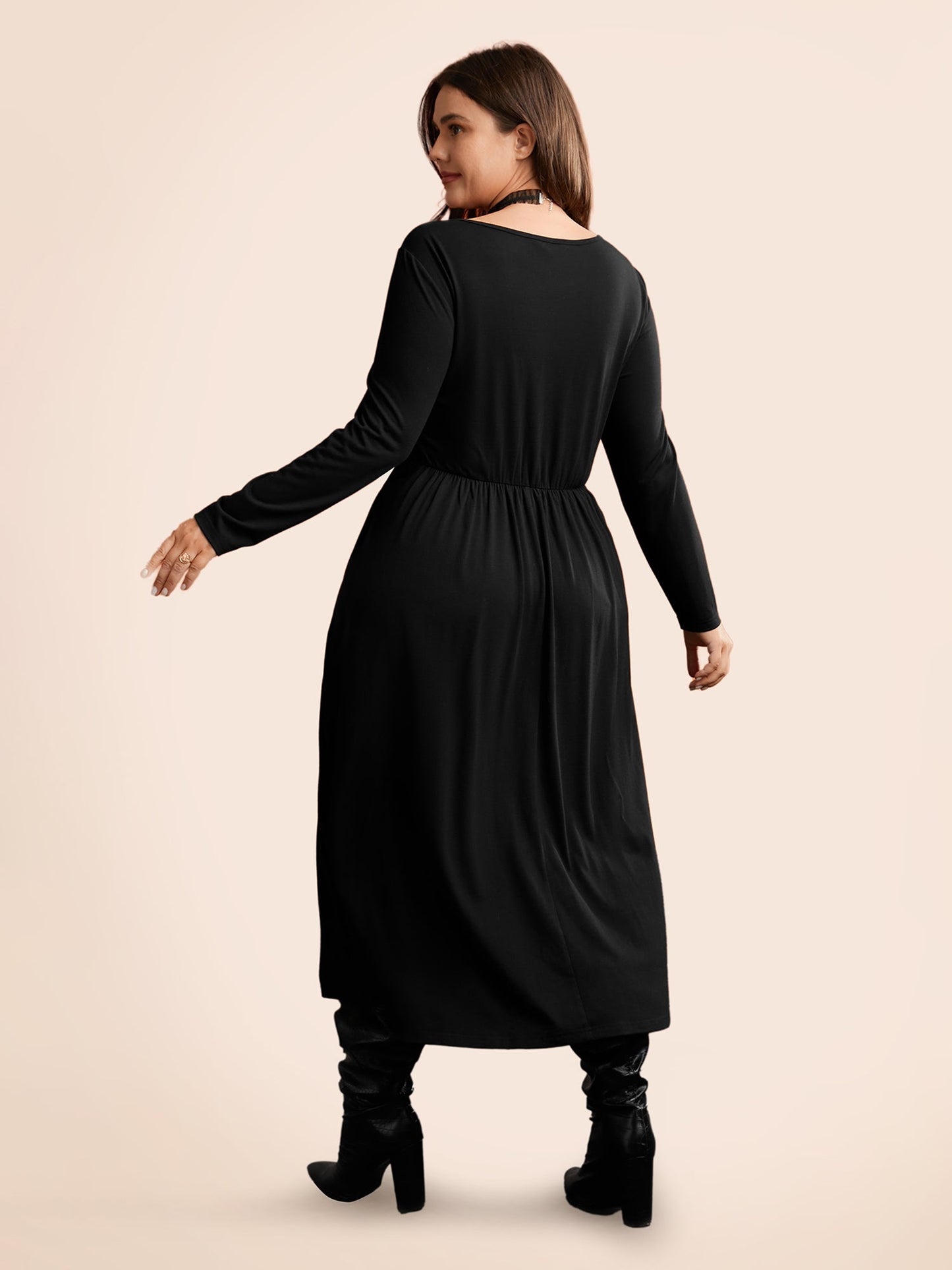 Stretchy Knit Adjustable Tie Frill Trim Midi Dress