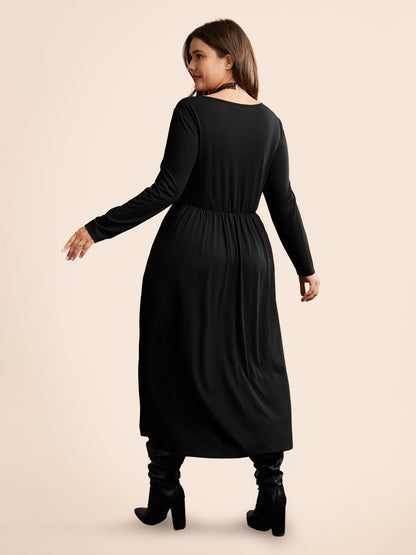 Stretchy Knit Adjustable Tie Frill Trim Midi Dress