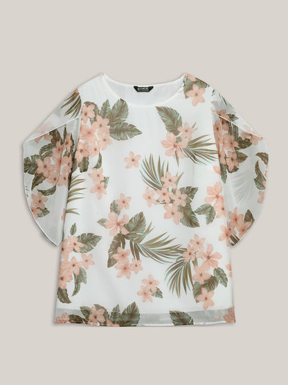 Petal Sleeve Floral Round Neck Shirt