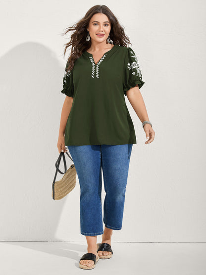 Notched Collar Embroidered Ruffled Blouse