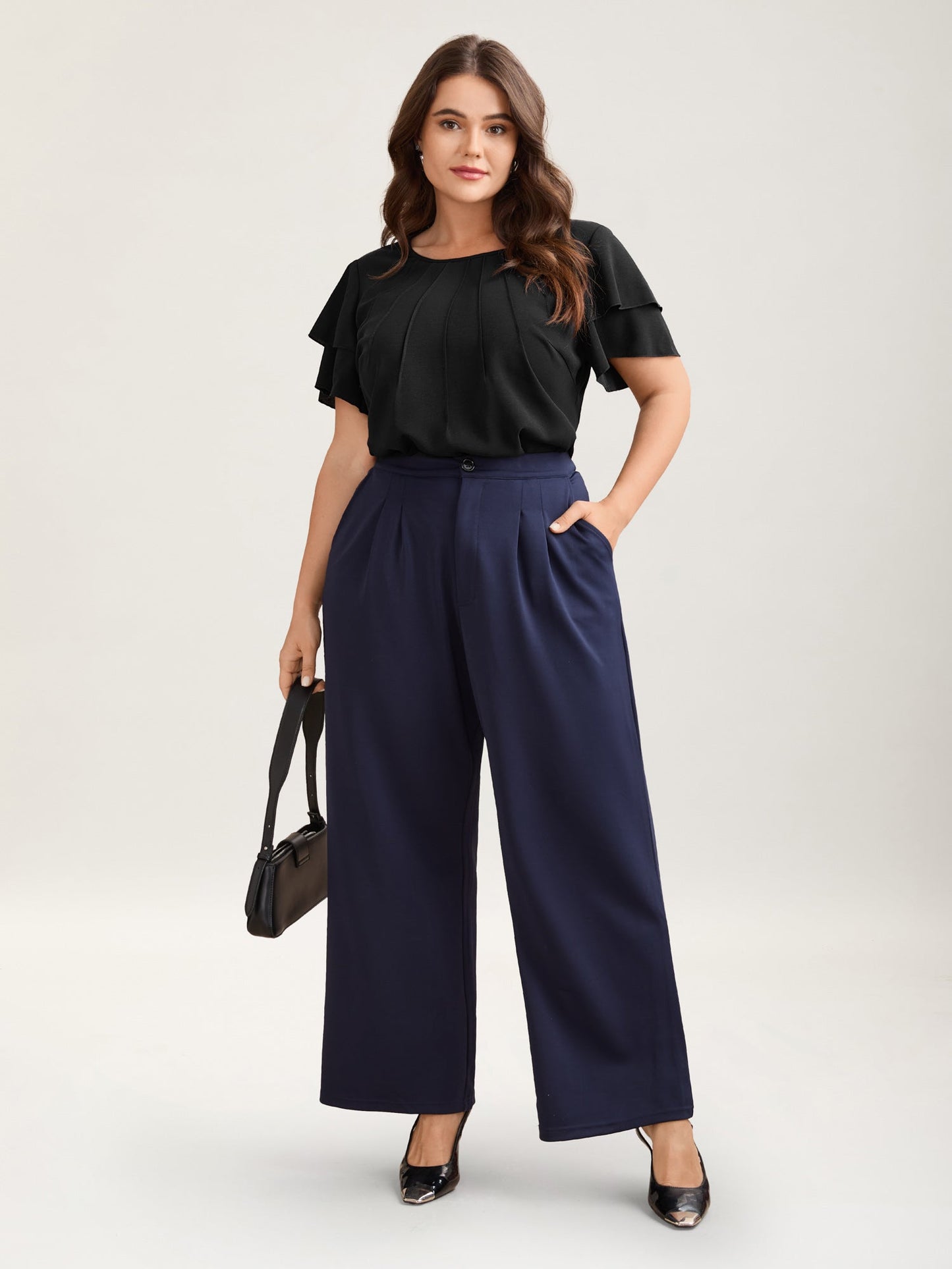 Toothpick Pleat Layered Flutter Sleeve Blouse