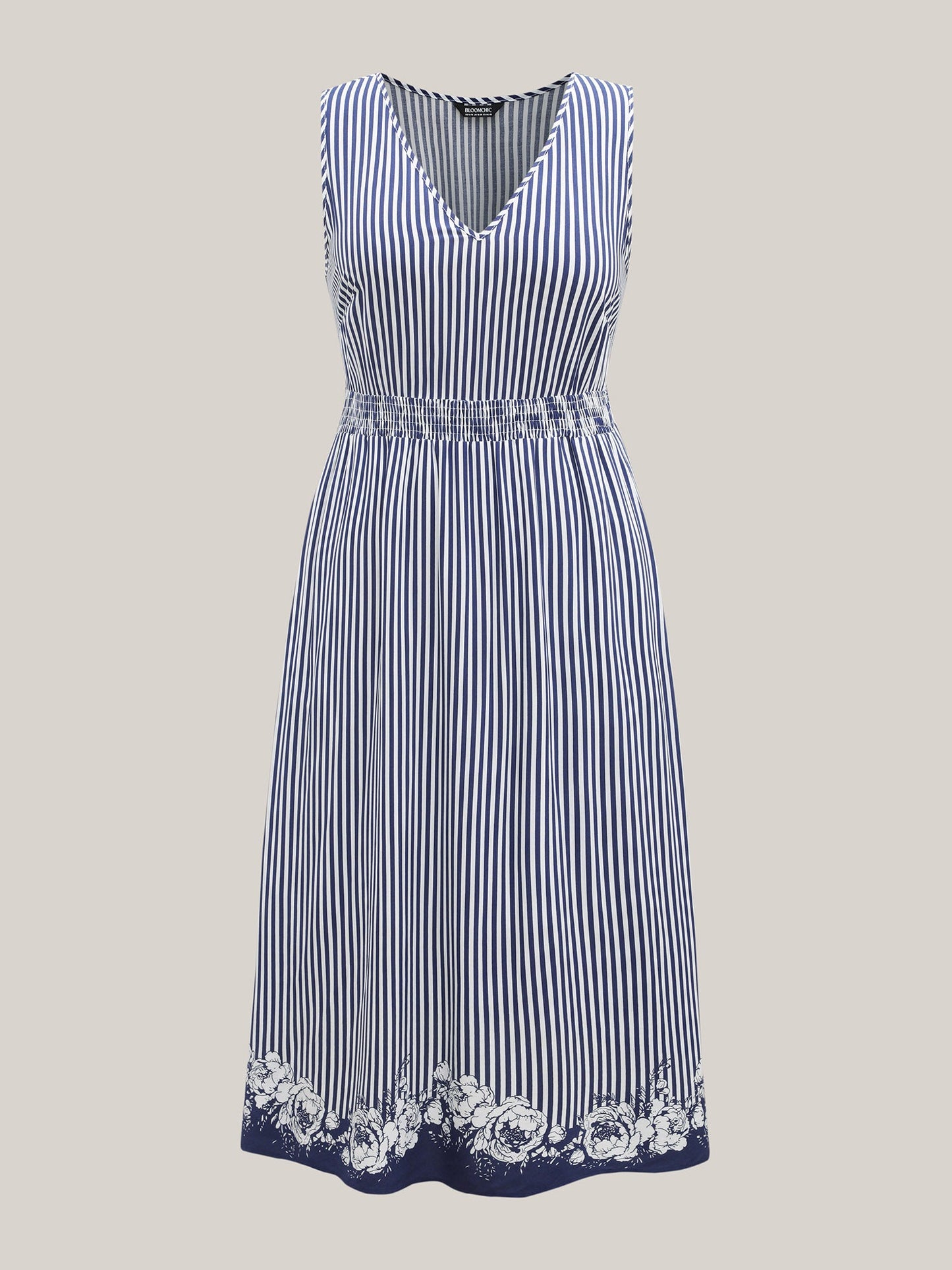 Stripes Cinched-Waist Floral Hem Maxi Dress