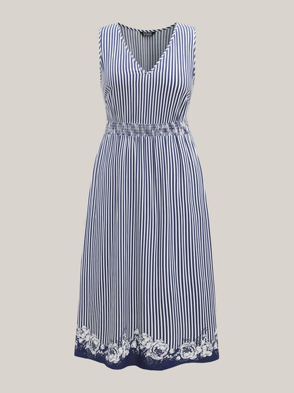 Stripes Cinched-Waist Floral Hem Maxi Dress