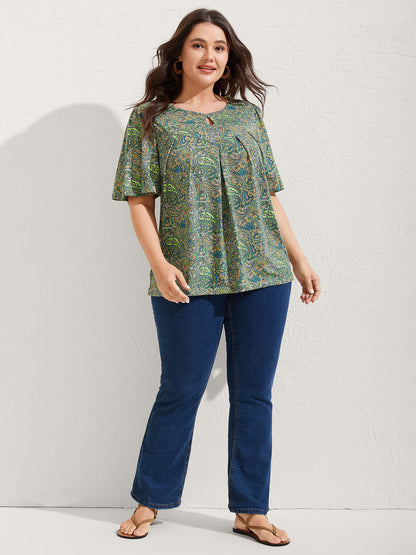 Paisley Print Neck Cut-Out Pleated Top